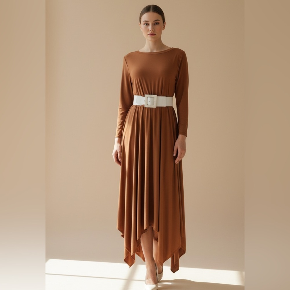 Source Unknown Long Sleeve Handkerchief Hem Dress in Caramel